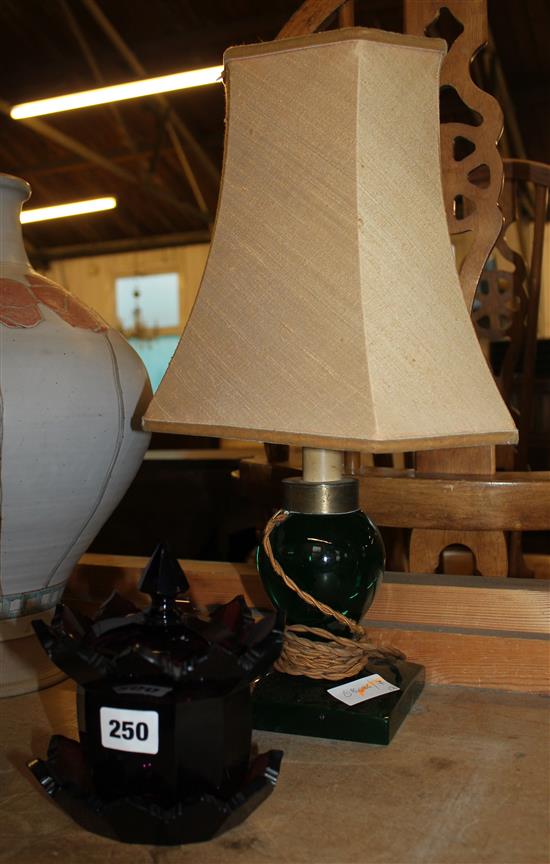 Amethyst glass pot and cover with stand and green glass lamp